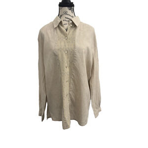 Olsen Collection Blouse Women’s Size 12 Beige Linen With Silk Trim Long Sleeve